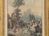 un vieux tableau représentant un groupe de personnes dans un parc