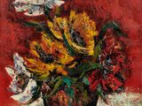 painting of a vase of flowers on a table with a red background