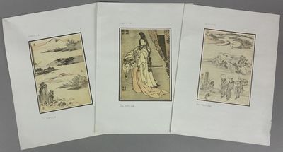 three antique chinese prints of a woman in a white dress and a man in a white robe