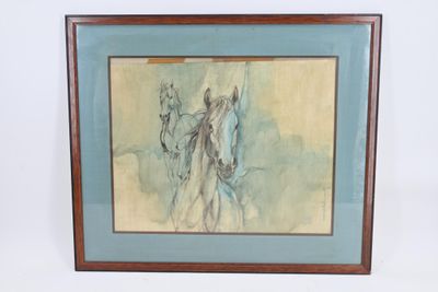 une image représentant un dessin d'un cheval et d'un cavalier, dans un cadre bleu