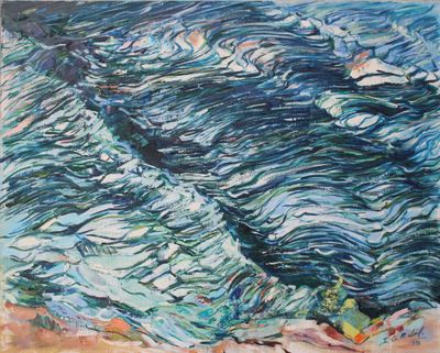 painting of a wave breaking on a beach with rocks in the foreground