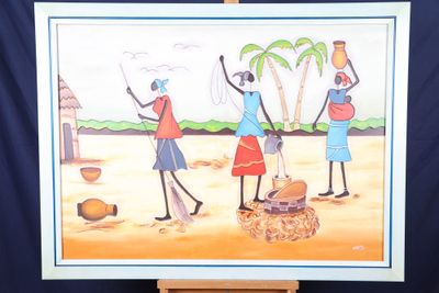 une peinture représentant un groupe de personnes sur la plage