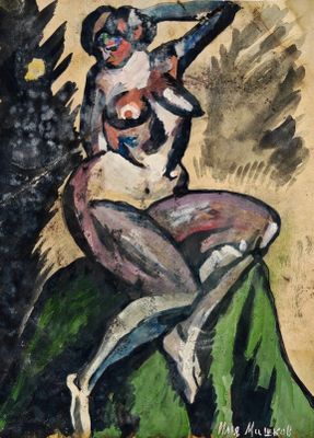 an image of a painting of a woman sitting on a rock