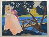 a painting of a woman and a man sitting on a bench