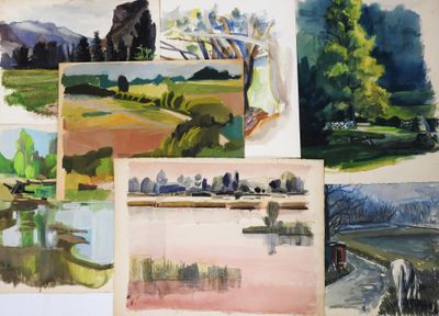 many different pictures of watercolor paintings on the wall