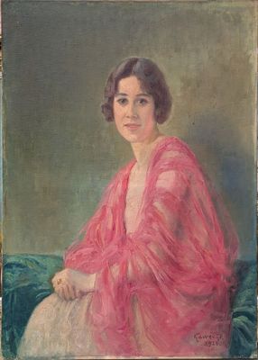 tableau représentant une femme en robe rose assise sur un canapé bleu