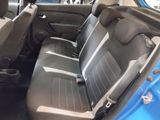 a blue car with a black seat cover in the back of it