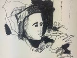 dessin représentant un homme avec une cigarette à la bouche, dans une pièce