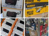 several different pictures of a display of electronics in a store