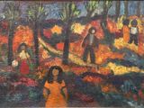 an oil painting of a group of people walking through a forest