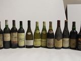 many bottles of wine lined up on a white table