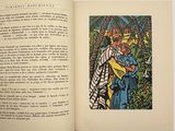 an open book with a picture of a man and a woman in a garden