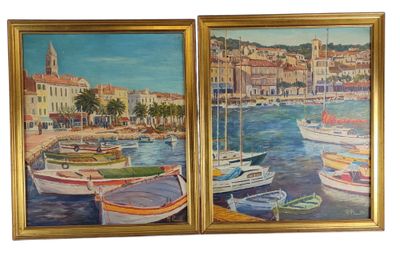 two paintings of boats in a harbor with buildings in the background