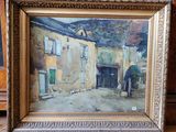 une peinture à l'huile représentant une scène de rue avec un cheval et une calèche devant un immeuble