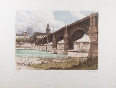 a picture of a painting of a bridge over a river
