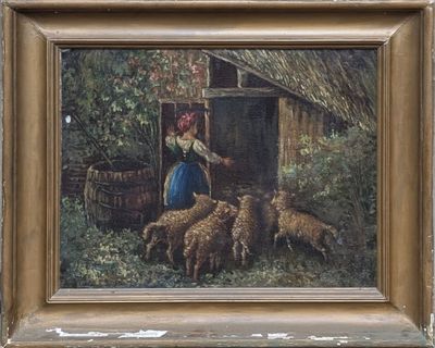 un tableau représentant une femme qui nourrit des moutons dans un champ