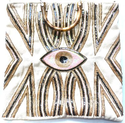Sac cabas en lin épais, à décor de strass noirs, roses et ma…