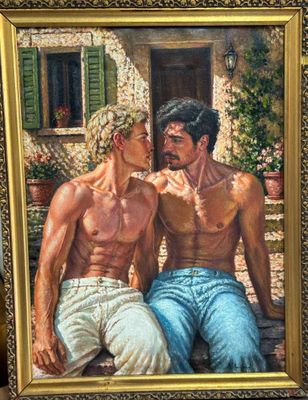 a painting of a man and a woman sitting on a bench