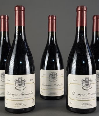 six bouteilles de vin rouge sont alignées sur une table