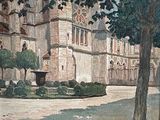 a painting of a building with a fountain in front of it