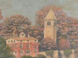 painting of a building with a clock tower next to a body of water