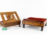 pair of small wooden boxes with carved designs on them