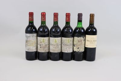 six bottles of wine lined up in a row on a white surface