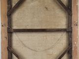 an old picture of a window with a wooden frame hanging on a wall