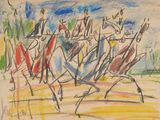 drawing of a group of people riding horses in a line