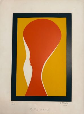 une image représentant un tableau représentant le visage d'une femme dans un cadre rouge et jaune