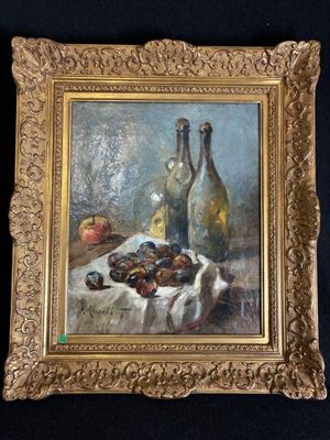 une peinture à l'huile représentant une nature morte composée de fruits et de bouteilles posés sur une table
