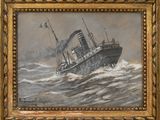 une peinture à l'huile représentant un navire en mer, arborant un drapeau