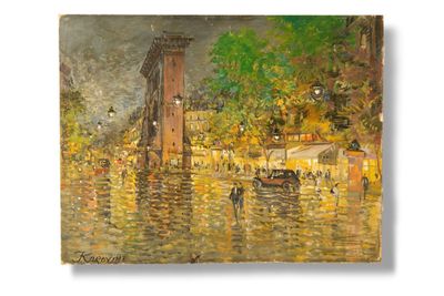 une peinture à l'huile sur toile représentant une scène fluviale avec des bateaux et des bâtiments