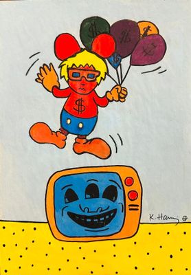 tableau représentant un personnage de dessin animé sautant par-dessus un téléviseur avec des ballons