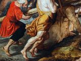 a painting of jesus on the cross being carried by a group of men