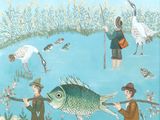un tableau représentant un garçon et une fille en train de pêcher avec un poisson