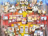 painting of a collage of pictures on a wall with a fire hydrant in the foreground