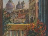 painting of a view of a city from a window with a vase of flowers