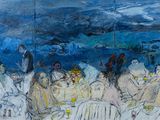 une peinture représentant un groupe de personnes assises à une table
