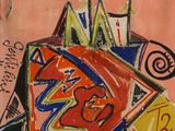 an image of a painting of a red vase with a lot of papers on it