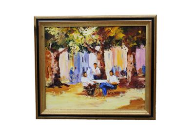 tableau représentant un couple assis sur un banc sous un arbre dans un parc