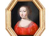 portrait d'une jeune femme en robe rouge, dans un cadre doré