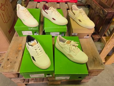 Plusieurs paires de chaussures de tennis sont exposées dans un magasin.