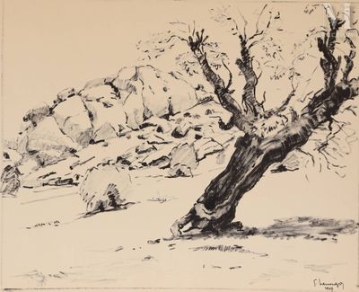 un dessin en noir et blanc représentant un arbre dans un champ