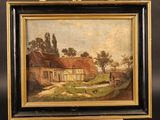 an oil painting of a farm scene with a house in the background