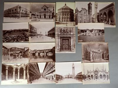 several old black and white photographs of buildings and a clock tower
