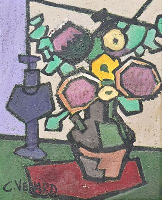 a painting of flowers in a vase on a table