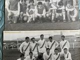 two old black and white photos of a soccer team posing for a picture