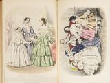 two pages of a book with pictures of women in dresses