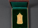 a close up of a gold medal in a green box